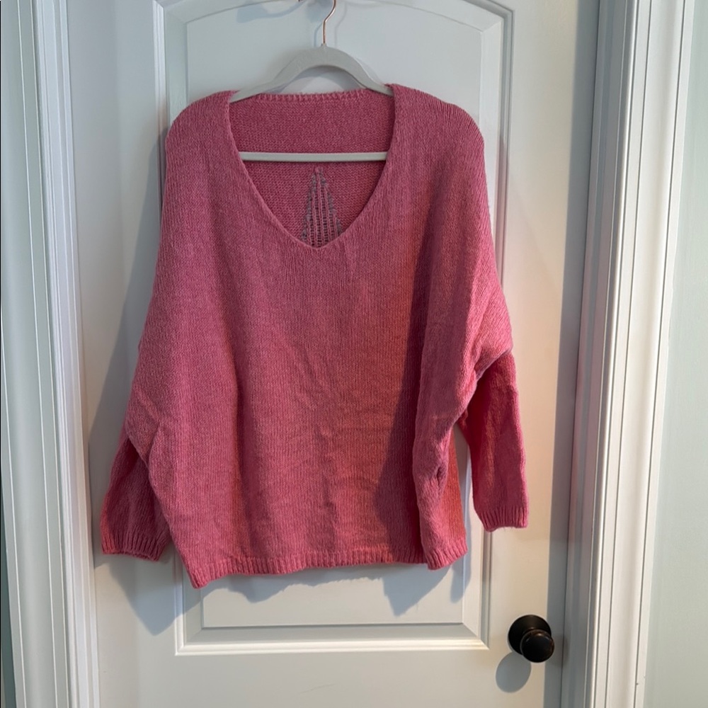Pink V-Neck Oversized Sweater in Soft Silver